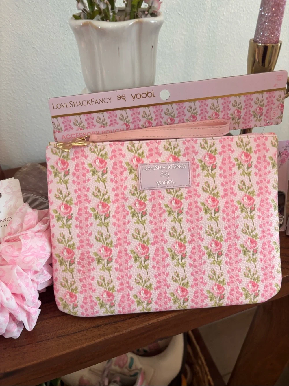 LoveShackFancy Pink Floral Hair Accessory clips brush bag ect